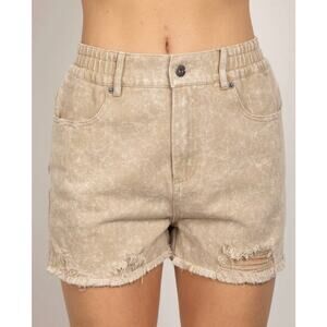 New In Elastic High Waist
Distressed Washed Denim Tan Shorts